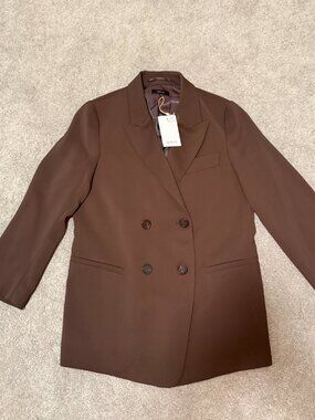 NWOT Quince Stretch Crepe Relaxed Double-Breasted Blazer Brown Size Medium